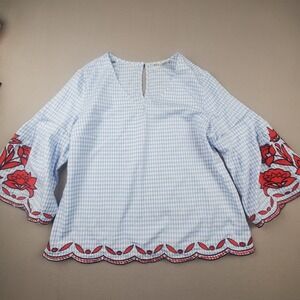 Solitaire Embroidered Gingham Blouse Size XL Cottagecore Festival Bell Sleeves